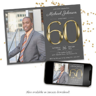 Gold Text Dark Grey Classy Photo 60th Birthday Invitation