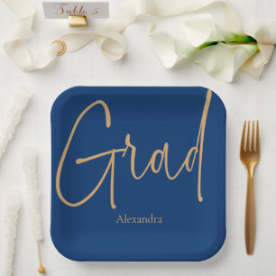 Gold Text Grad Name Graduation Blue Paper Plate