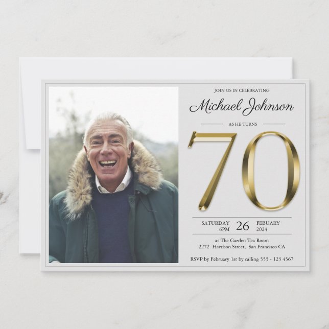 Gold Text Grey Simple Classy Photo 70th Birthday Invitation (Front)