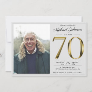 Gold Text Grey Simple Classy Photo 70th Birthday Invitation