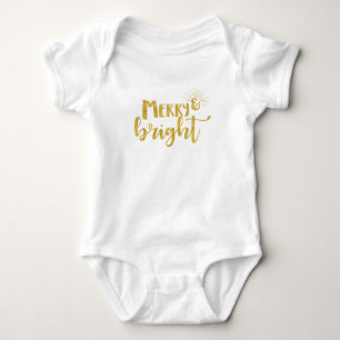 Gold Text Merry and Bright Christmas Baby Bodysuit