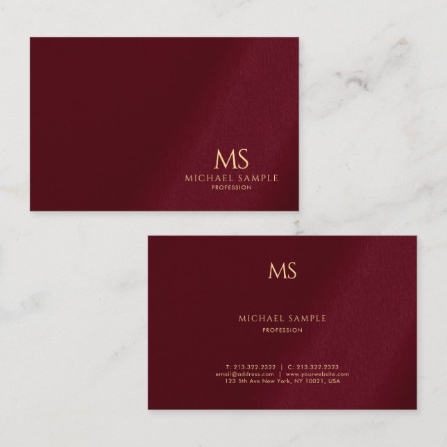 Gold Text Monogram Template Luxe Bordeaux Elegant Business Card (Front/Back)