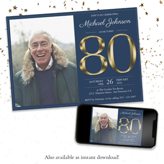 Gold Text Navy Blue Classy Photo 80th Birthday Invitation (80th Gold Text Navy Blue Classy Photo Birthday Invitation)