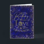 Gold Text Night Sky Belated Birthday Grandson Card<br><div class="desc">This modern and visually striking belated birthday greeting card is designed especially for a grandson, inspired by the beauty of a night sky filled with shimmering gold dust and tiny heart details that resemble glowing stars. The deep, rich background creates a magical and celebratory celestial atmosphere, while the gold accents...</div>