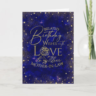 Gold Text Night Sky Belated Birthday Mother-In-Law Card