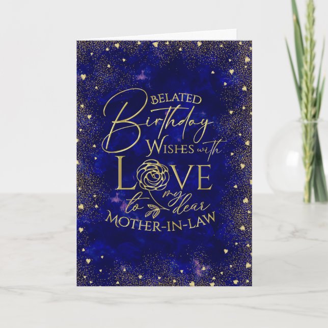 Gold Text Night Sky Belated Birthday Mother-In-Law Card (Front)