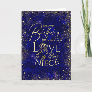 Gold Text Night Sky Belated Birthday Niece Card