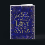 Gold Text Night Sky Belated Birthday Sister Card<br><div class="desc">This modern and visually striking belated birthday greeting card is designed especially for a sister, inspired by the beauty of a night sky filled with shimmering gold dust and tiny heart details that resemble glowing stars. The deep, rich background creates a calm yet celebratory celestial atmosphere, while the gold accents...</div>