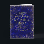 Gold Text Night Sky Belated Birthday Sister-In-Law Card<br><div class="desc">This modern and visually elegant belated birthday greeting card is designed especially for a sister-in-law, inspired by the beauty of a night sky filled with shimmering gold dust and tiny heart details that resemble glowing stars. The deep, rich background creates a calm and celestial atmosphere, while the gold accents add...</div>