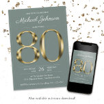 Gold Text Sage Classy 80th Birthday Party Invitation<br><div class="desc">Gold Text Sage Classy 80th Birthday Party Invitation. Simple yet classy birthday invitation with the birth year milestone in solid gold text effect! This is an editable template and could be used for both male and female. A version with photo is also available in this design collection. Contact me if...</div>
