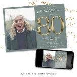 Gold Text Sage Green Classy Photo 80th Birthday Invitation<br><div class="desc">80th Gold Text Sage Green Classy Photo Birthday Invitation. Simple yet classy birthday invitation with the birth year milestone in solid gold text effect! This is an editable template and could be used for both male and female. Contact me if you have any questions, I will do my best to...</div>
