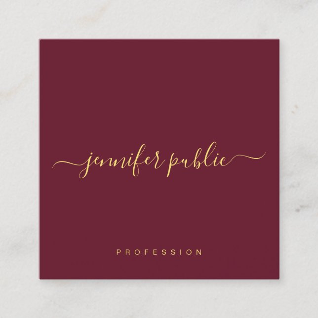 Gold Text Script Name Glossy Luxury Burgundy Red Square Business Card (Front)