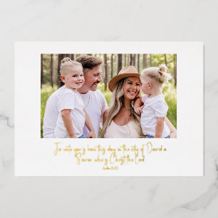 Gold Text Scripture Family Photo Christmas Foil Holiday Card