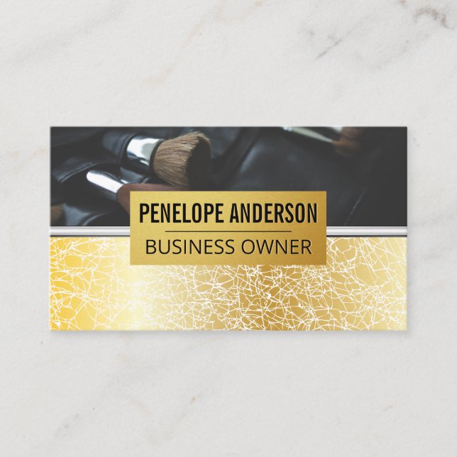 Gold Texture Background | Metallic Makeup Brushes Business Card (Front)