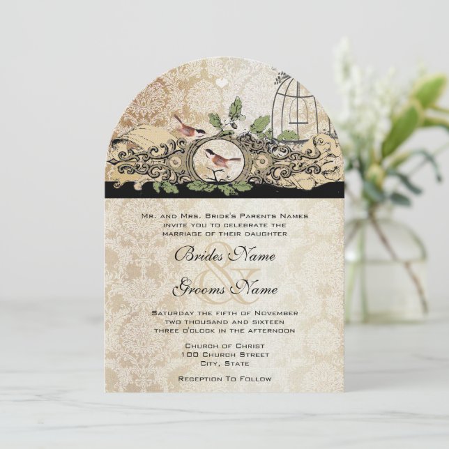 Gold Texture Birdcage Damask Vintage Love Birds Invitation (Standing Front)
