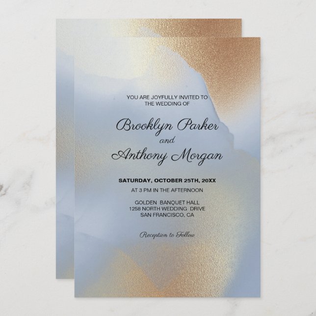 Gold Texture on Blue Wedding Invitation (Front/Back)
