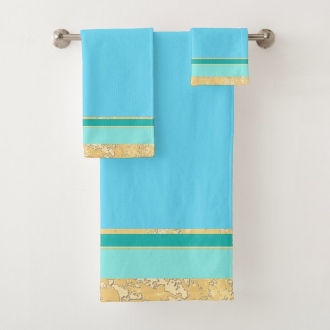 Gold Texture with Aqua and Turquoise Stripes Bath Towel Set (Insitu)
