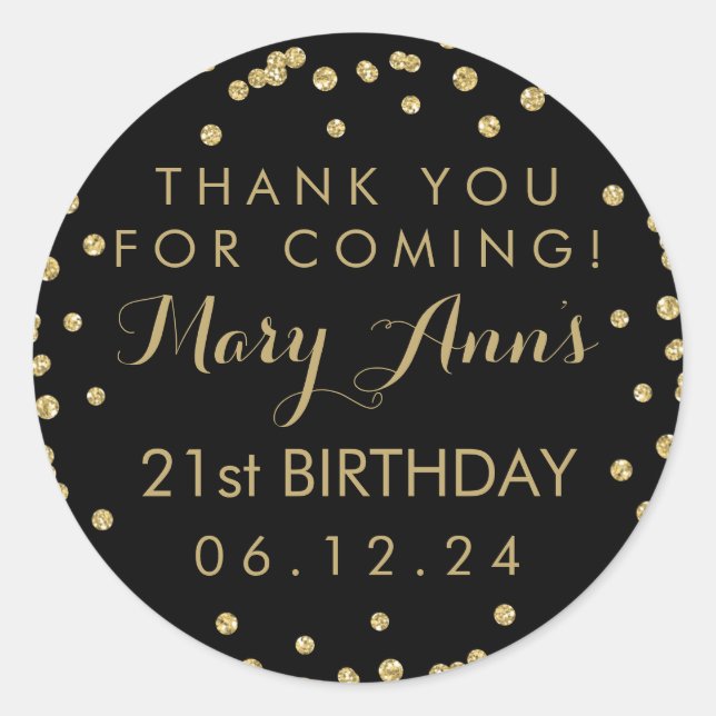 Gold Thank You 21st Birthday Confetti Black Classic Round Sticker (Front)