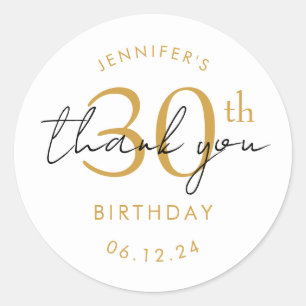 Gold "Thank You" 30th Birthday Party Classic Round Sticker