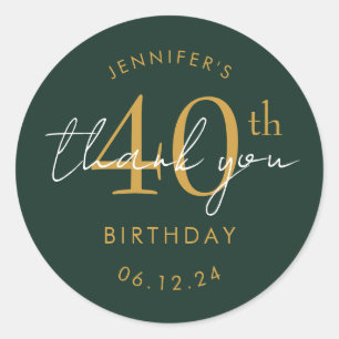 Gold "Thank You" 40th Birthday Party Green Classic Round Sticker