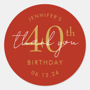 Gold "Thank You" 40th Birthday Party Red Classic Round Sticker