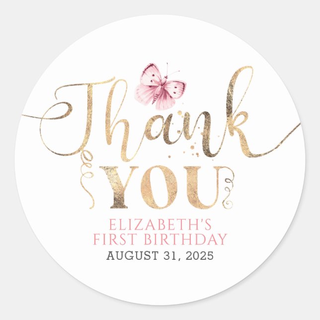 Gold Thank you and Pink Butterfly Classic Round Sticker (Front)
