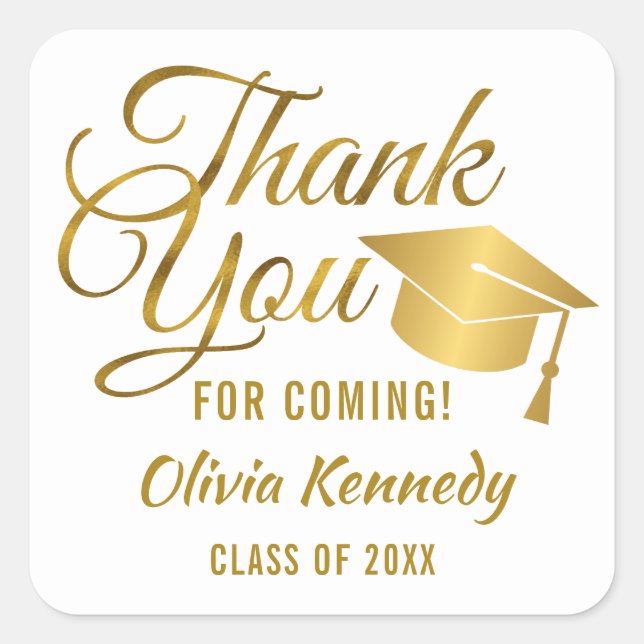 Gold Thank You For Coming Graduation Party Square Sticker (Front)