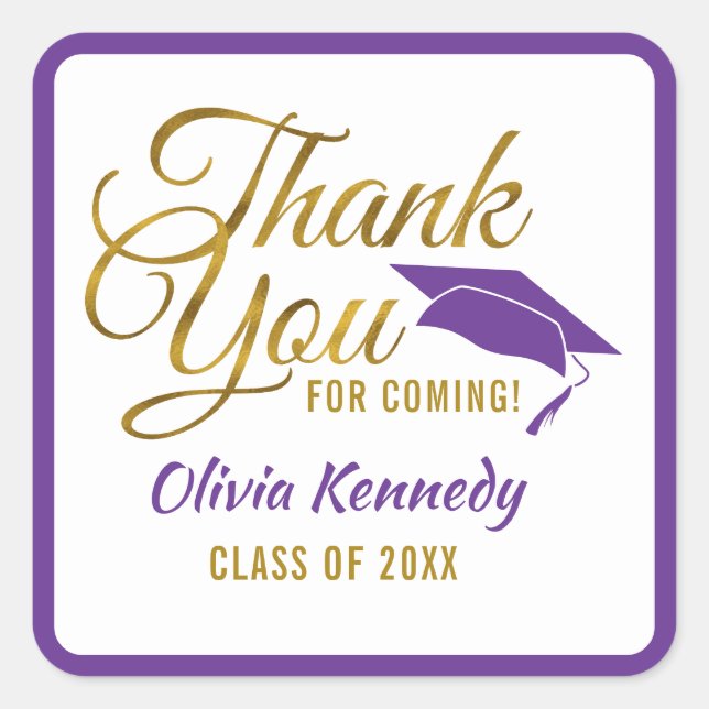 Gold Thank You For Coming Purple Grad 2025 Party  Square Sticker (Front)