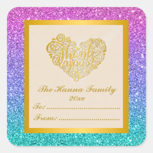 Gold Thank You Pink Purple Blue Glitter background Square Sticker