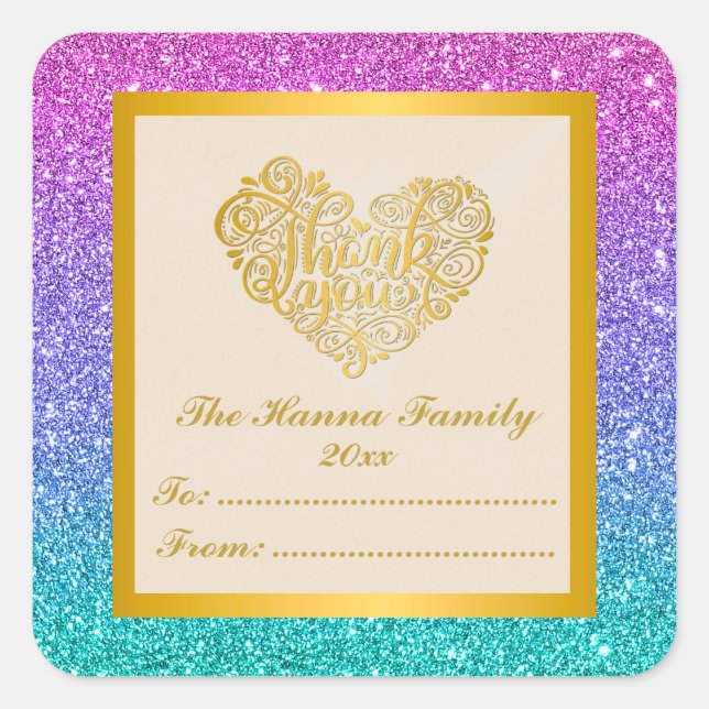 Gold Thank You Pink Purple Blue Glitter background Square Sticker (Front)
