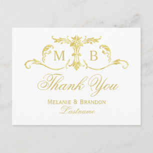 Gold Thank You postcards Monogram wedding set