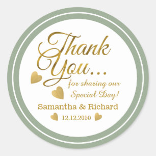 Gold Thank You Sage Green Wedding Favour Classic Round Sticker