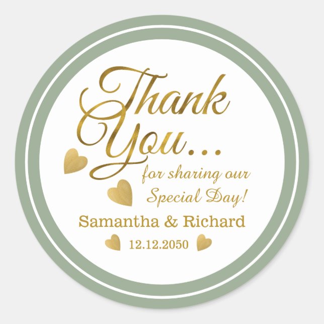 Gold Thank You Sage Green Wedding Favour   Classic Round Sticker (Front)