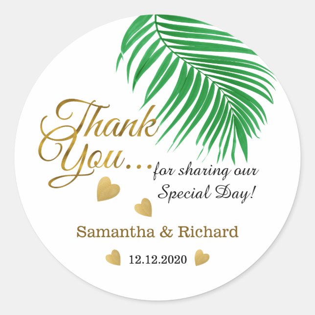Gold Thank You Tropical Wedding Favour Classic Round Sticker (Front)