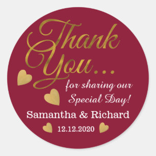 Gold Thank You Wedding Favour Burgundy Classic Round Sticker