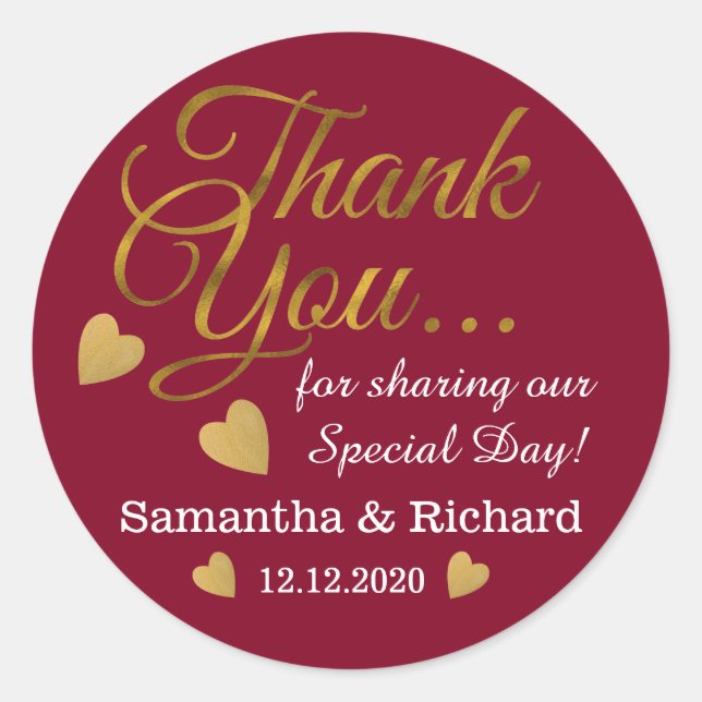 Gold Thank You Wedding Favour Burgundy Classic Round Sticker (Front)