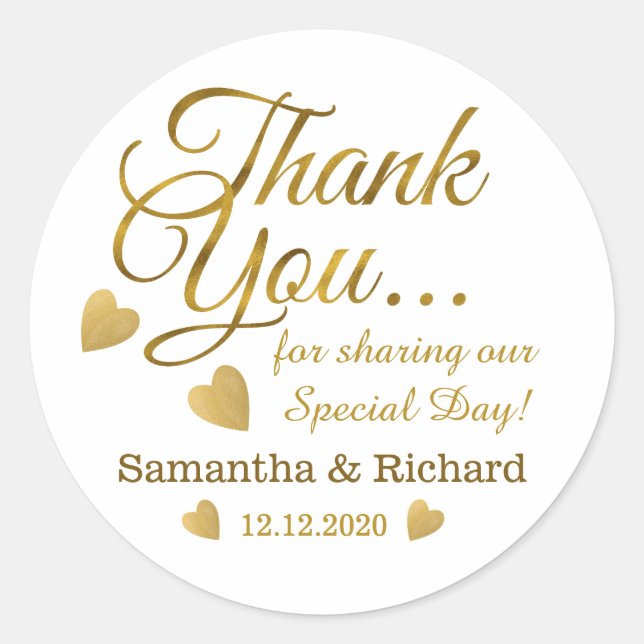 Gold Thank You Wedding Favour Classic Round Sticker (Front)