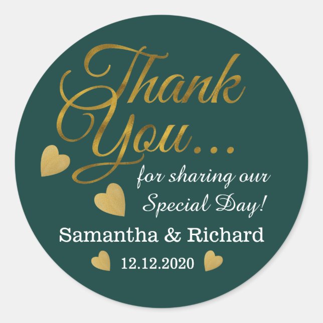 Gold Thank You Wedding Favour Emerald Green Classic Round Sticker (Front)
