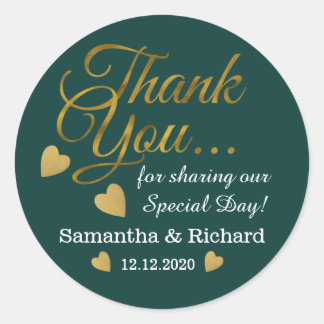 Gold Thank You Wedding Favour Emerald Green Classic Round Sticker