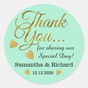 Gold Thank You Wedding Favour Mint Classic Round Sticker