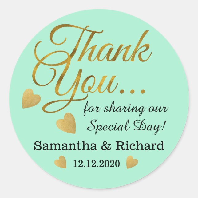 Gold Thank You Wedding Favour Mint Classic Round Sticker (Front)