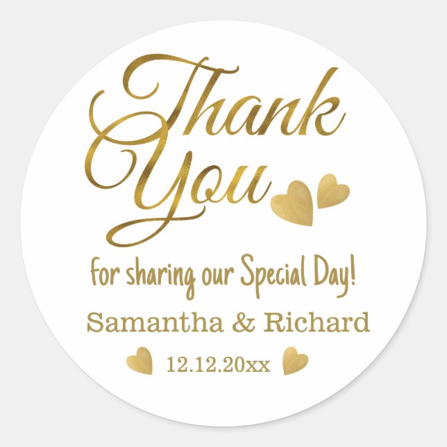 Gold Thank You Wedding Party Favour  Classic Round Sticker (Front)