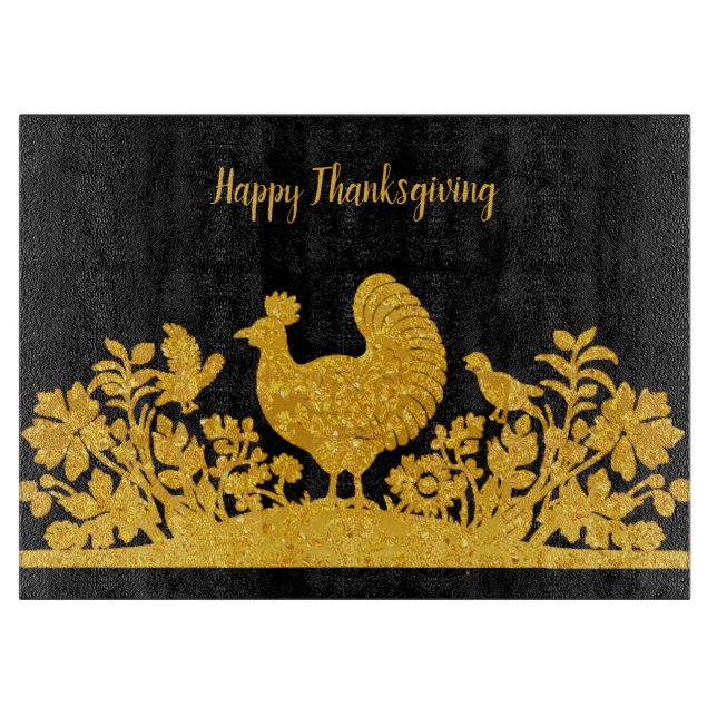 Gold Thanksgiving Turkey Floral Cutting Board (Front)