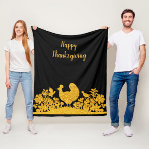 Gold Thanksgiving Turkey Floral Fleece Blanket