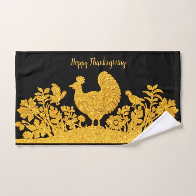 Gold Thanksgiving Turkey Floral Hand Towel (Hand Towel)