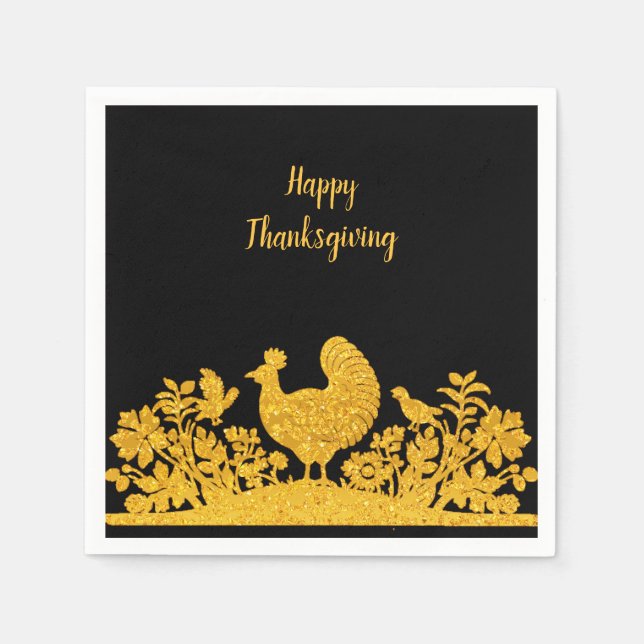 Gold Thanksgiving Turkey Floral Napkins (Front)