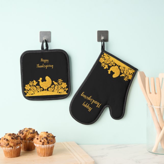 Gold Thanksgiving Turkey Floral Oven Mitt & Pot Holder Set (Insitu(Hanging))