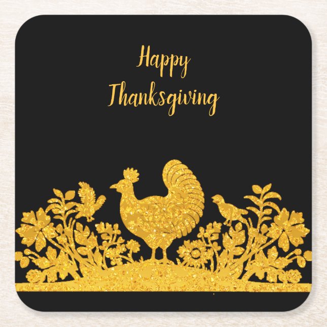 Gold Thanksgiving Turkey Floral Paper Coaster (Front)