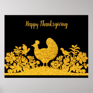 Gold Thanksgiving Turkey Floral Poster