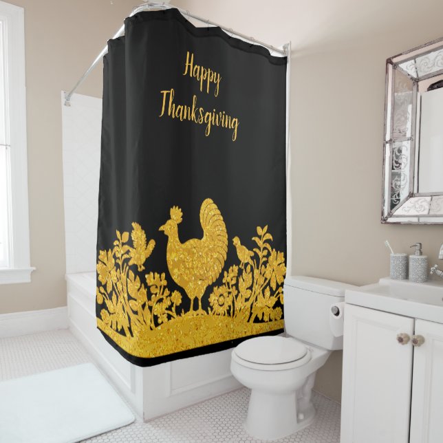 Gold Thanksgiving Turkey Floral Shower Curtain (In Situ)